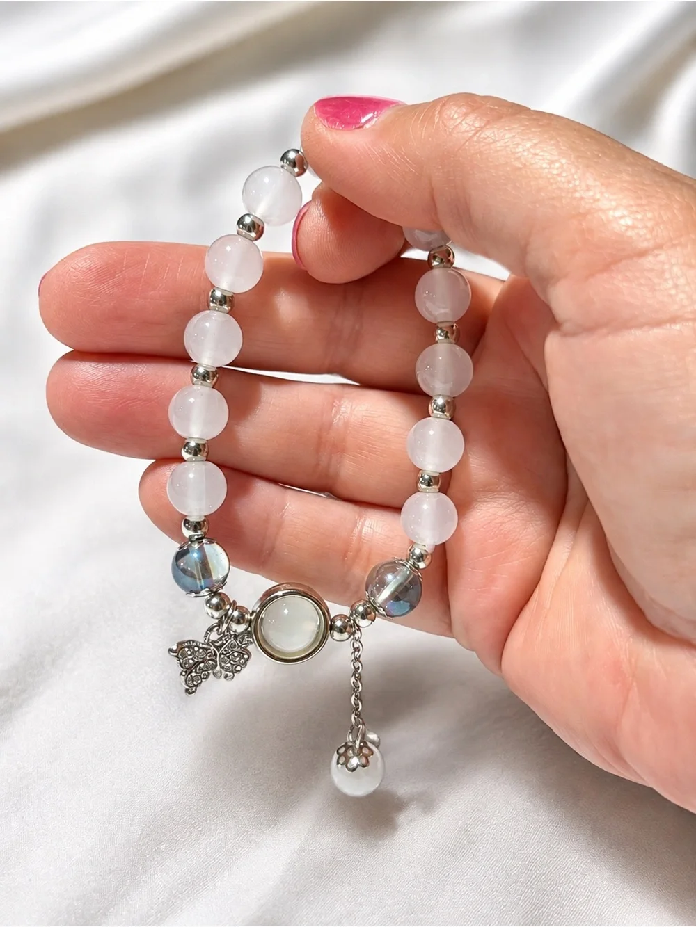 Silver Butterfly Gray Beaded Bracelet – Rhinestone Charm – Elegant Stretch Brace